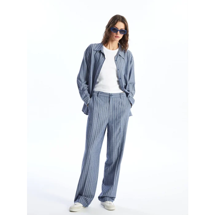 LCW Vision LACİVERT Standart Fit Çizgili Keten Karışımlı Kadın Pantolon