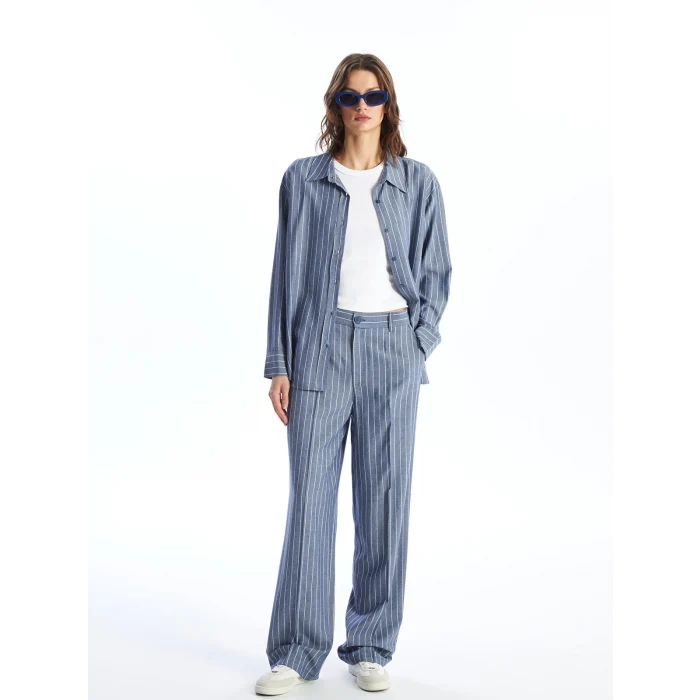 LCW Vision LACİVERT Standart Fit Çizgili Keten Karışımlı Kadın Pantolon