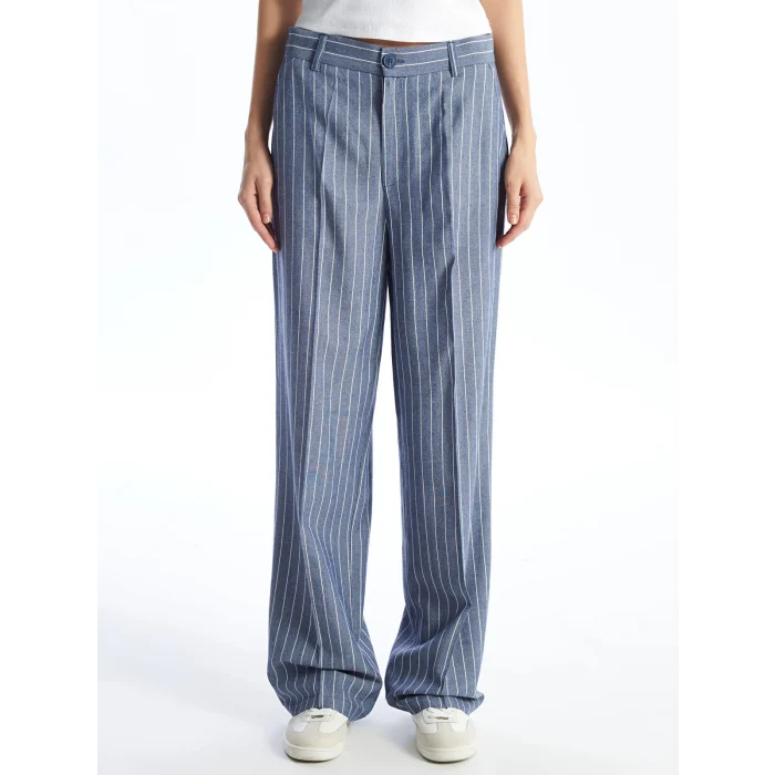LCW Vision LACİVERT Standart Fit Çizgili Keten Karışımlı Kadın Pantolon