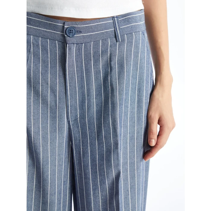 LCW Vision LACİVERT Standart Fit Çizgili Keten Karışımlı Kadın Pantolon