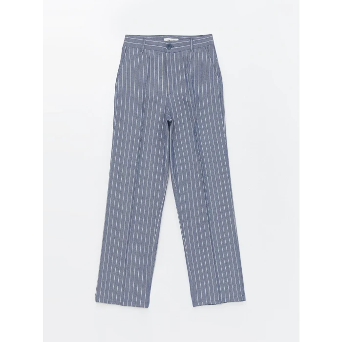 LCW Vision LACİVERT Standart Fit Çizgili Keten Karışımlı Kadın Pantolon