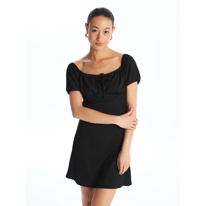 LCW Vision SİYAH Kayık Yaka Düz Kısa Kollu Kadın Elbise