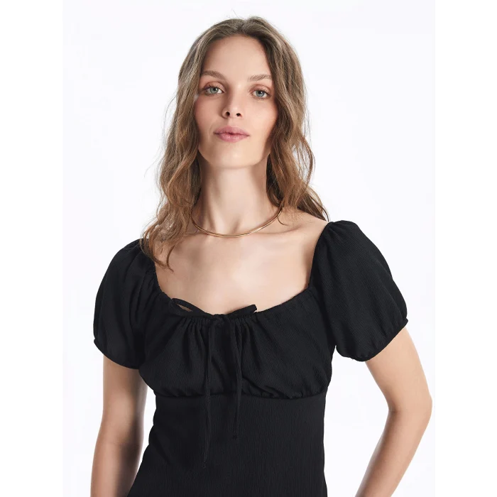 LCW Vision SİYAH U Yaka Düz Kısa Kollu Kadın Elbise