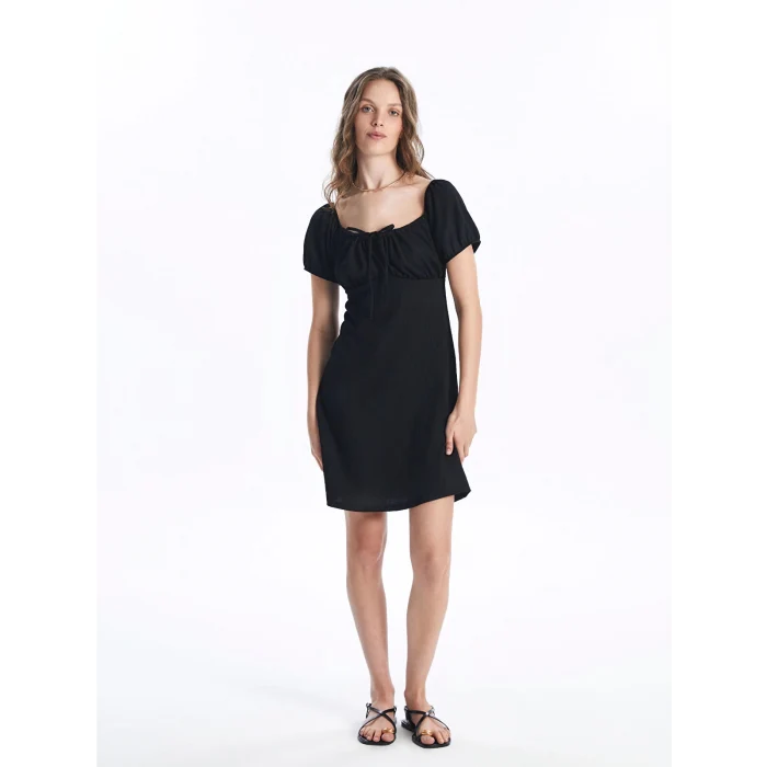 LCW Vision SİYAH U Yaka Düz Kısa Kollu Kadın Elbise