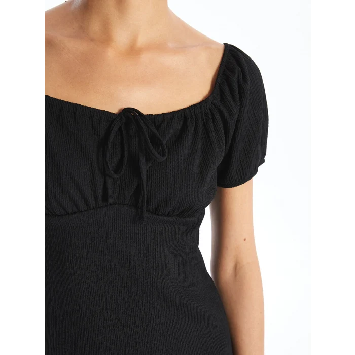 LCW Vision SİYAH Kayık Yaka Düz Kısa Kollu Kadın Elbise