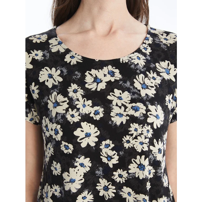 LCW Grace SİYAH Bisiklet Yaka Desenli Kısa Kollu Kadın Elbise