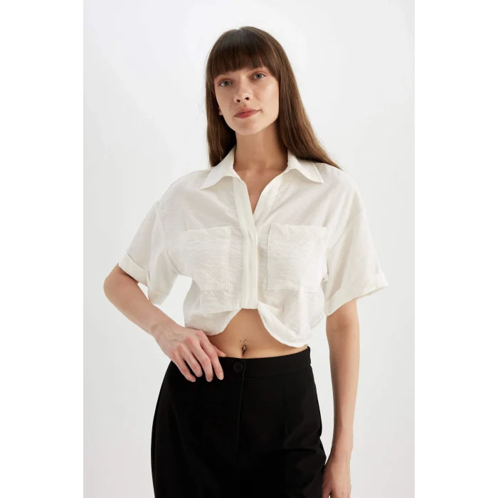 Defacto C7799 Ekru Crop Gömlek Yaka Twill Kısa Kollu Bluz