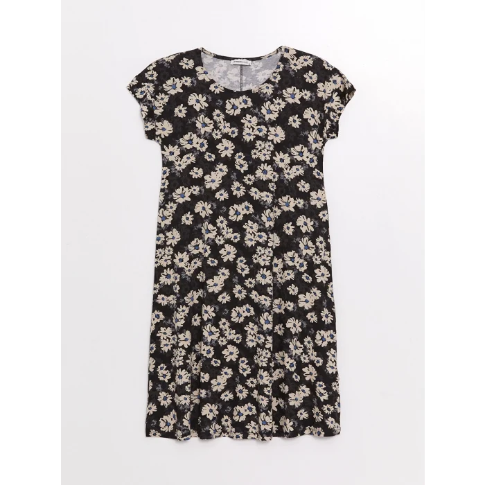 LCW Grace SİYAH Bisiklet Yaka Desenli Kısa Kollu Kadın Elbise