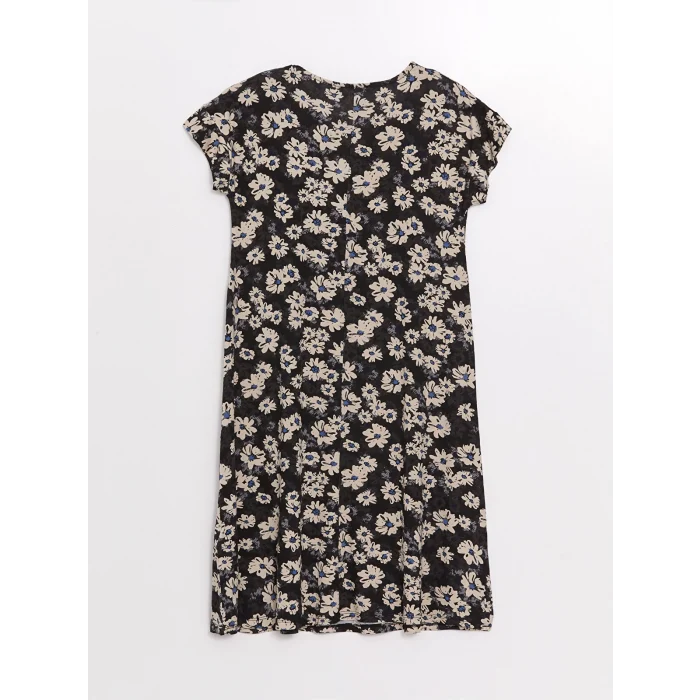 LCW Grace SİYAH Bisiklet Yaka Desenli Kısa Kollu Kadın Elbise