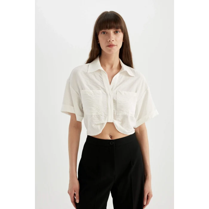 Defacto C7799 Ekru Crop Gömlek Yaka Twill Kısa Kollu Bluz