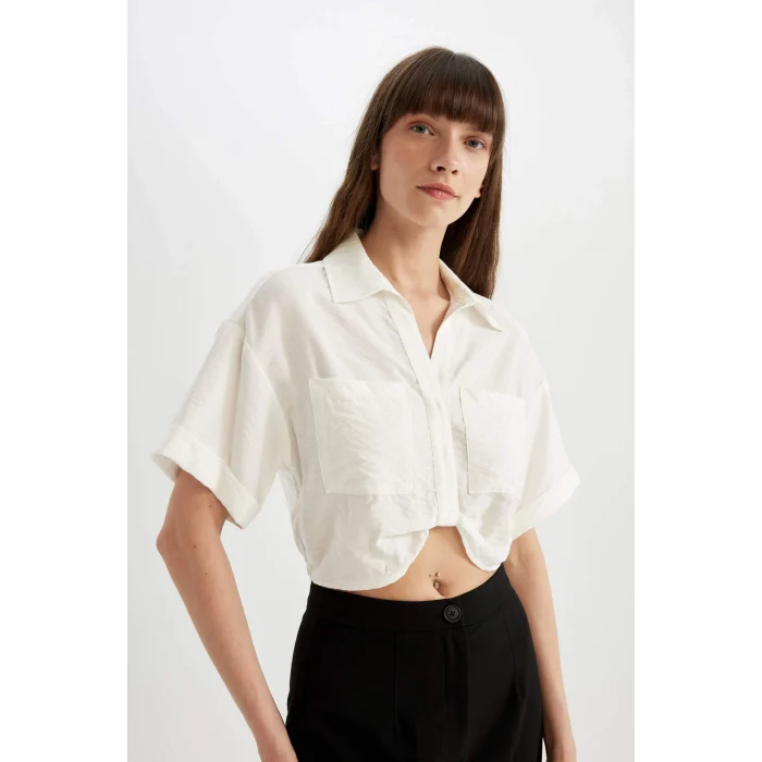 Defacto C7799 Ekru Crop Gömlek Yaka Twill Kısa Kollu Bluz