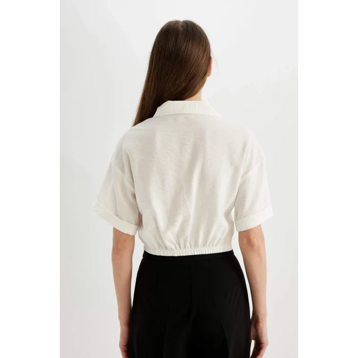 Defacto C7799 Ekru Crop Gömlek Yaka Twill Kısa Kollu Bluz