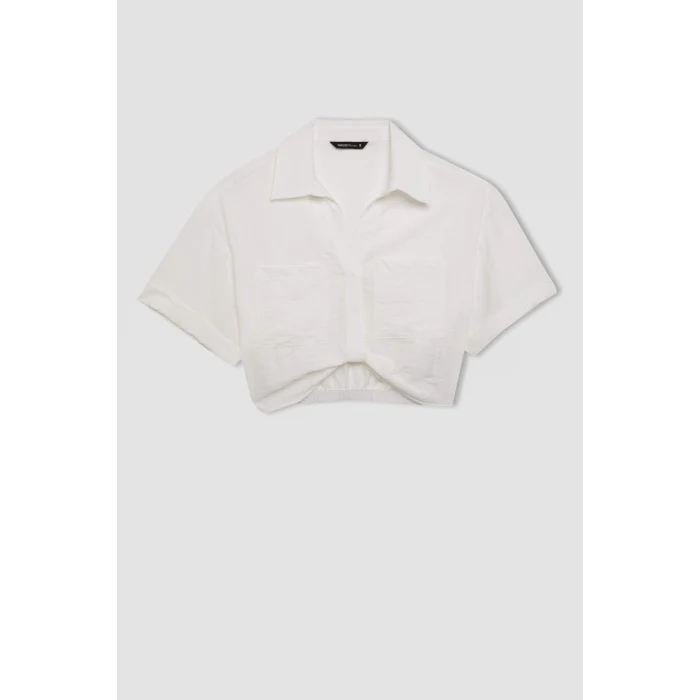 Defacto C7799 Ekru Crop Gömlek Yaka Twill Kısa Kollu Bluz