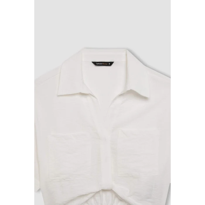 Defacto C7799 Ekru Crop Gömlek Yaka Twill Kısa Kollu Bluz