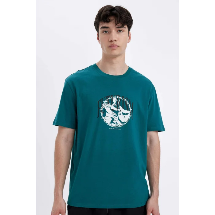 Defacto C5648 Yeşil Regular Fit Bisiklet Yaka Baskılı Kısa Kollu Tişört