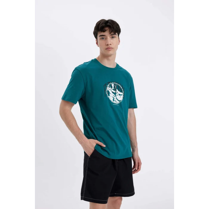 Defacto C5648 Yeşil Regular Fit Bisiklet Yaka Baskılı Kısa Kollu Tişört