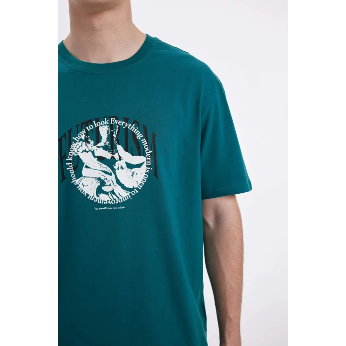 Defacto C5648 Yeşil Regular Fit Bisiklet Yaka Baskılı Kısa Kollu Tişört