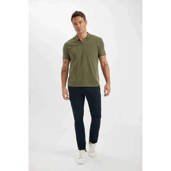 Defacto C5586 Haki New Regular Fit Fermuarlı Kısa Kollu Basic Düz Polo Tişört