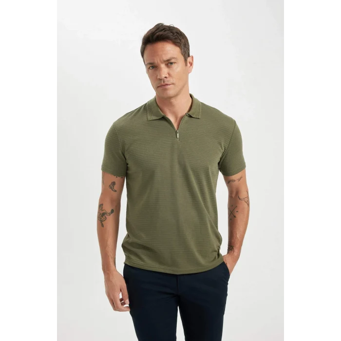 Defacto C5586 Haki New Regular Fit Fermuarlı Kısa Kollu Basic Düz Polo Tişört