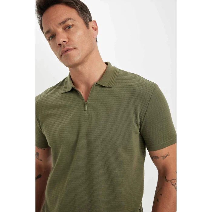 Defacto C5586 Haki New Regular Fit Fermuarlı Kısa Kollu Basic Düz Polo Tişört