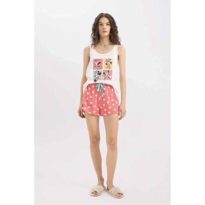 Defacto B8740 Kırmızı Fall in Love Pijama Takım Disney Mickey & Minnie Atlet Şort Beli Lastikli Alt