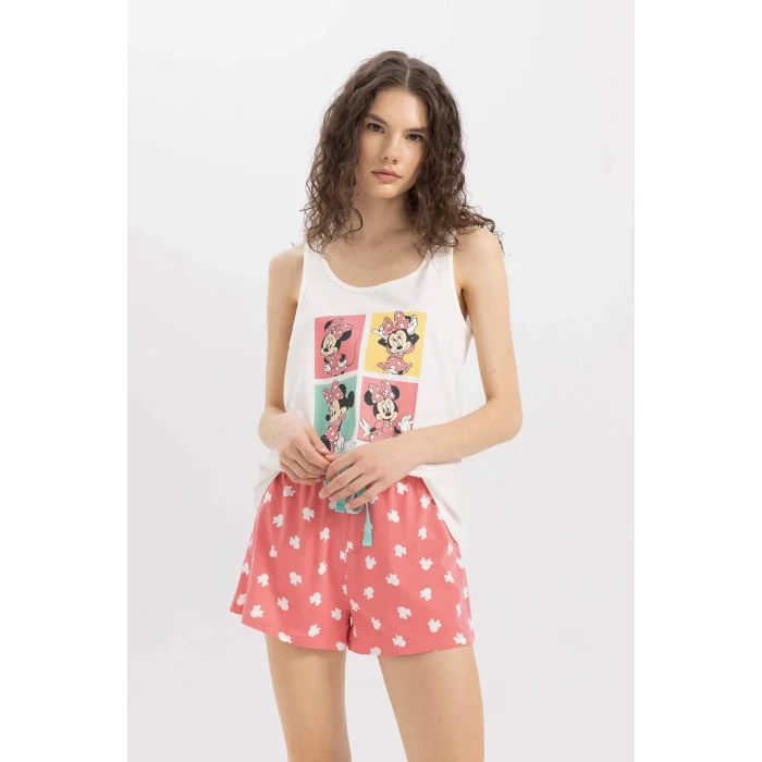 Defacto B8740 Kırmızı Fall in Love Pijama Takım Disney Mickey & Minnie Atlet Şort Beli Lastikli Alt