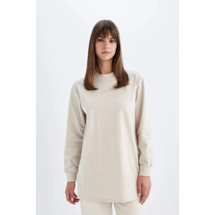 Defacto D0410 Bej Oversize Geniş Kalıp Basic Düz Sweatshirt Tunik