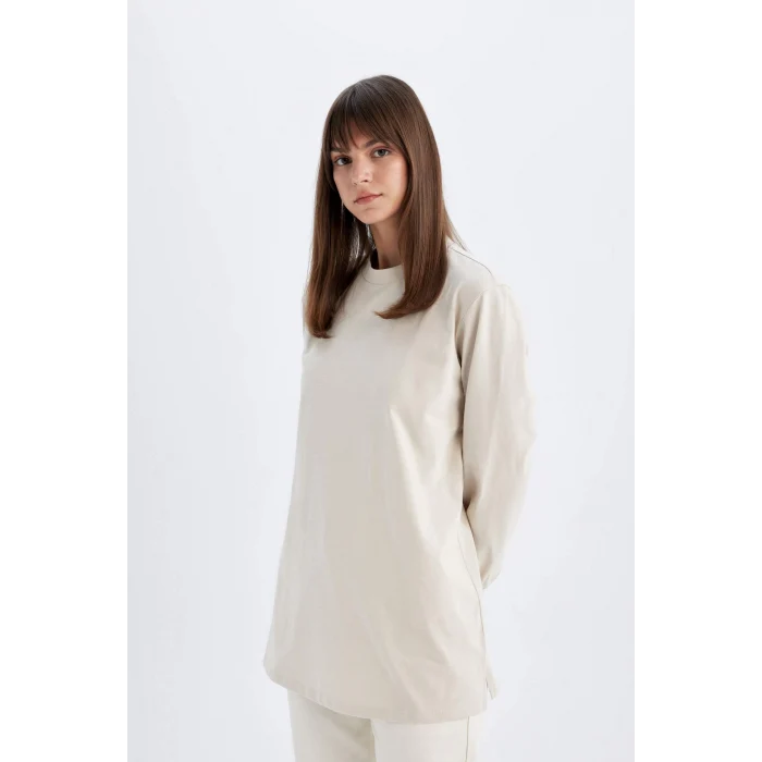 Defacto D0410 Bej Oversize Geniş Kalıp Basic Düz Sweatshirt Tunik