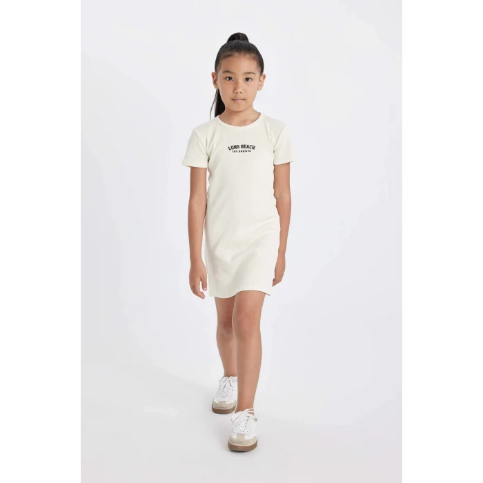 Defacto D4105 Ekru Kız Çocuk Baskılı Fitilli Kaşkorse Kısa Kollu Elbise