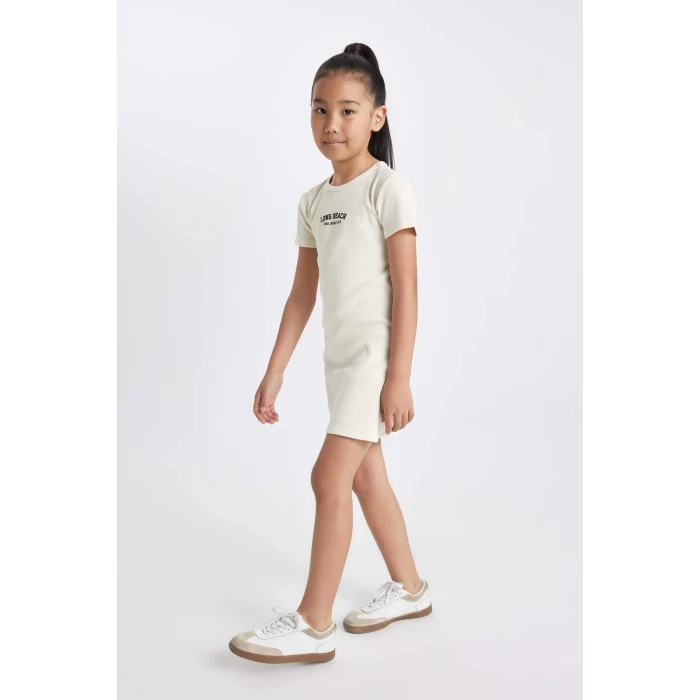 Defacto D4105 Ekru Kız Çocuk Baskılı Fitilli Kaşkorse Kısa Kollu Elbise