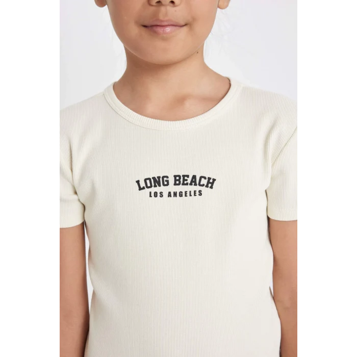 Defacto D4105 Ekru Kız Çocuk Baskılı Fitilli Kaşkorse Kısa Kollu Elbise