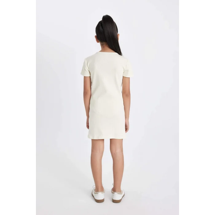 Defacto D4105 Ekru Kız Çocuk Baskılı Fitilli Kaşkorse Kısa Kollu Elbise