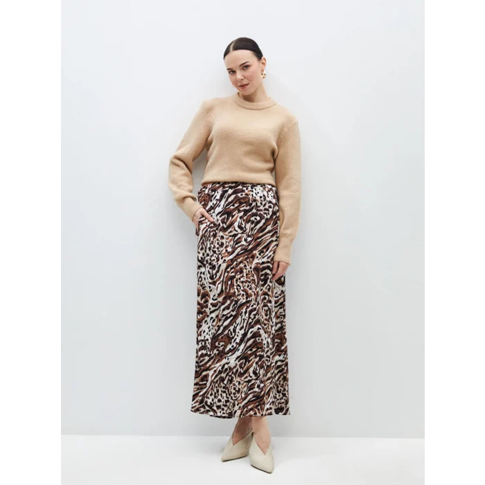 LCW Grace KAHVERENGİ Beli Lastikli Rahat Kalıp Desenli Kadın Etek