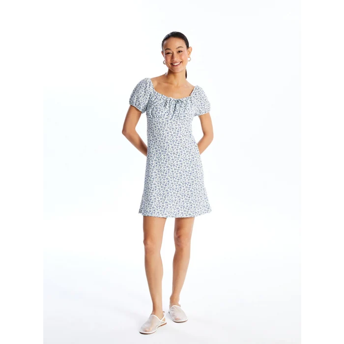 LCW Vision MAVİ Kayık Yaka Çiçekli Kısa Kollu Kadın Elbise