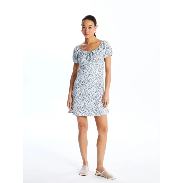 LCW Vision MAVİ Kayık Yaka Çiçekli Kısa Kollu Kadın Elbise