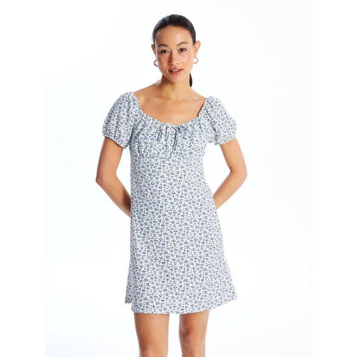 LCW Vision MAVİ Kayık Yaka Çiçekli Kısa Kollu Kadın Elbise