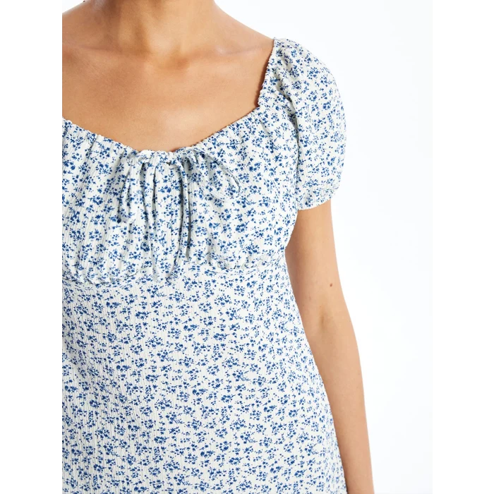 LCW Vision MAVİ Kayık Yaka Çiçekli Kısa Kollu Kadın Elbise