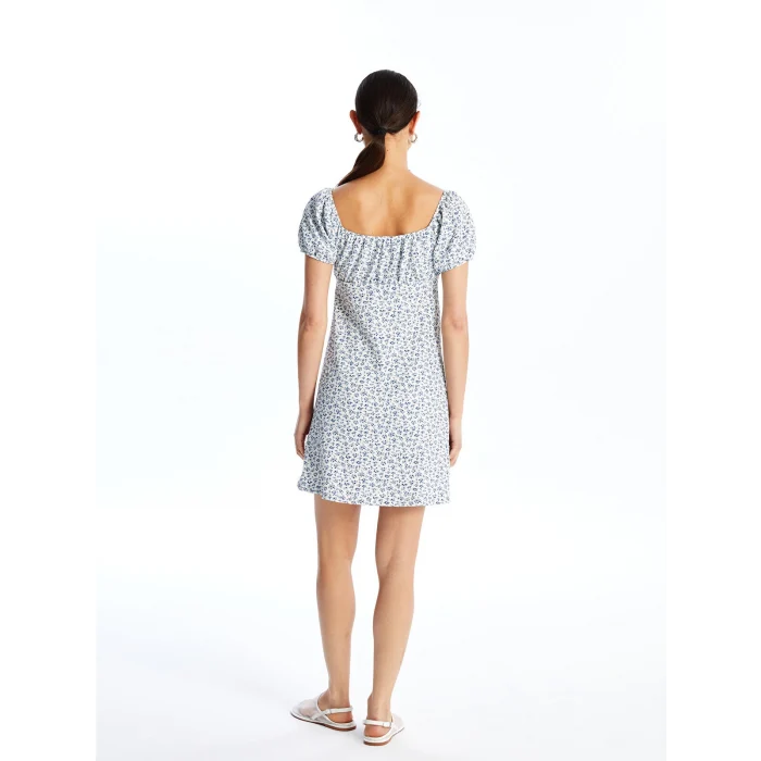 LCW Vision MAVİ Kayık Yaka Çiçekli Kısa Kollu Kadın Elbise