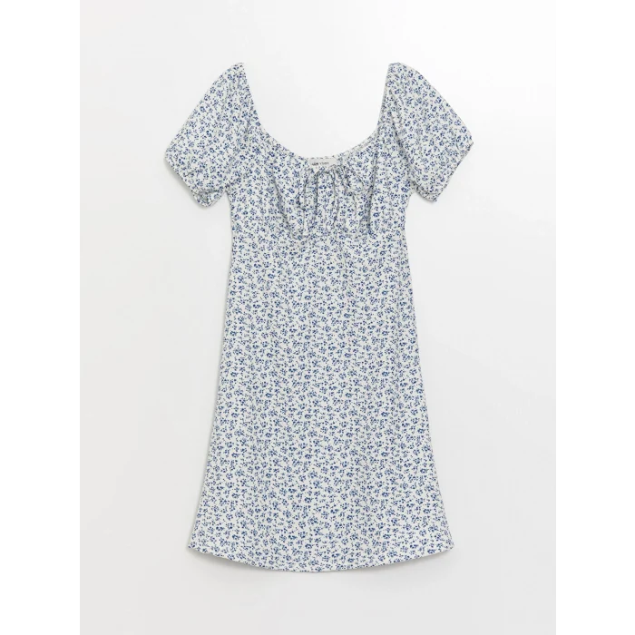 LCW Vision MAVİ Kayık Yaka Çiçekli Kısa Kollu Kadın Elbise