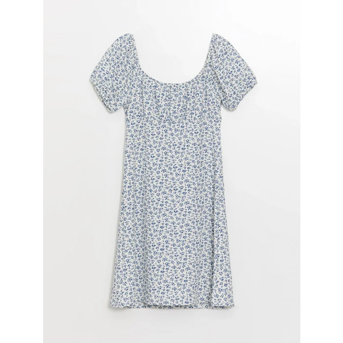 LCW Vision MAVİ Kayık Yaka Çiçekli Kısa Kollu Kadın Elbise