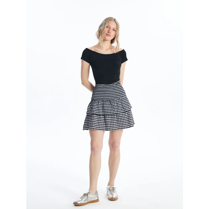 XSIDE SİYAH Beli Lastikli Ekose Kadın Etek