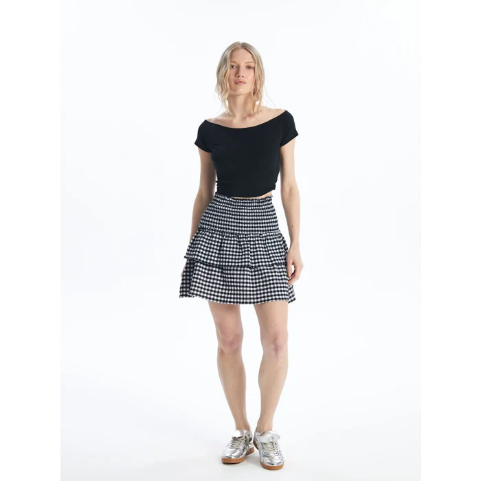 XSIDE SİYAH Beli Lastikli Ekose Kadın Etek