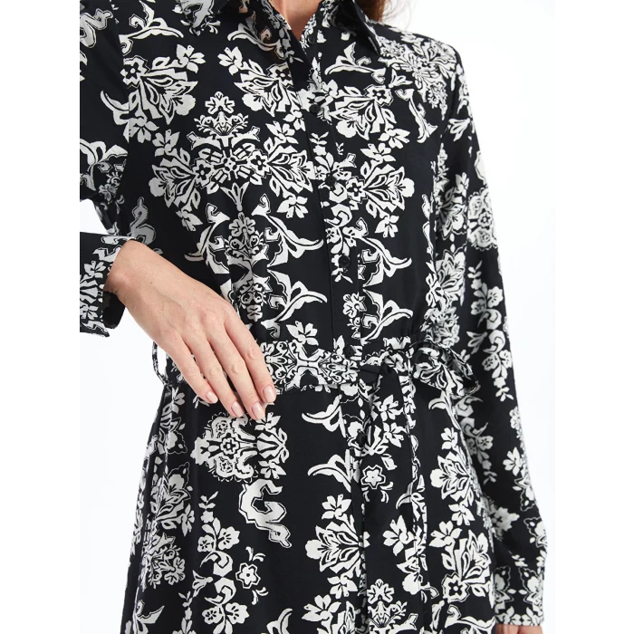 LCWAIKIKI Classic SİYAH Çiçekli Uzun Kollu Kadın Gömlek Elbise