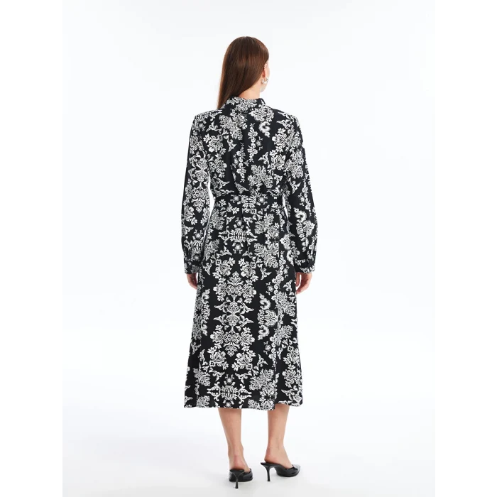 LCWAIKIKI Classic SİYAH Çiçekli Uzun Kollu Kadın Gömlek Elbise