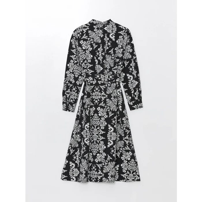 LCWAIKIKI Classic SİYAH Çiçekli Uzun Kollu Kadın Gömlek Elbise