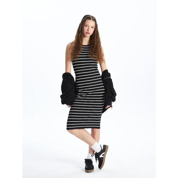 LCW Vision SİYAH Bisiklet Yaka Çizgili Kadın Elbise