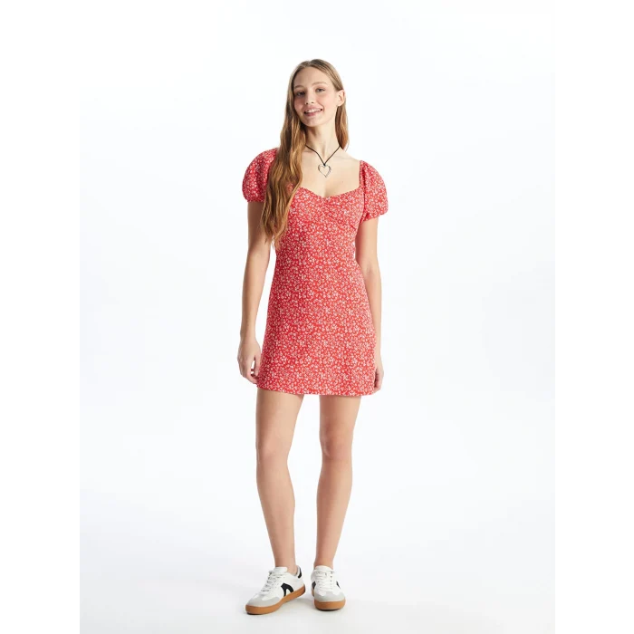 XSIDE KIRMIZI Kayık Yaka Desenli Kısa Kollu Kadın Elbise