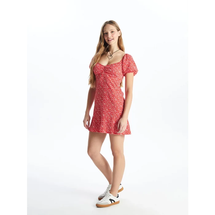 XSIDE KIRMIZI Kayık Yaka Desenli Kısa Kollu Kadın Elbise