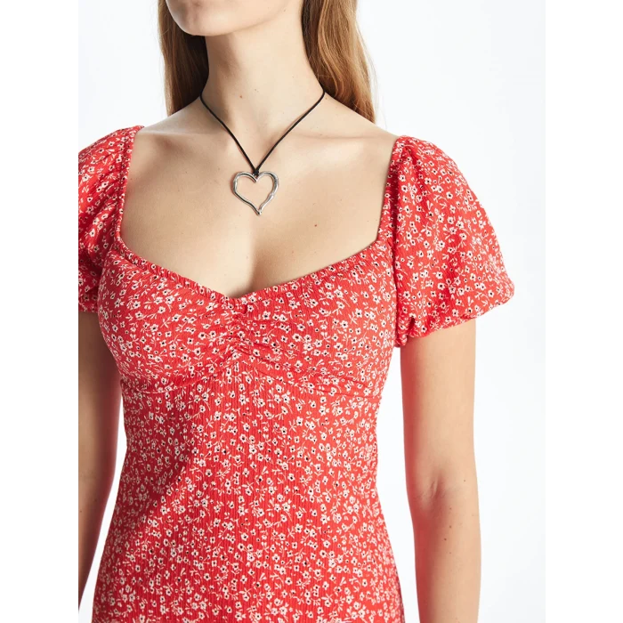 XSIDE KIRMIZI Kayık Yaka Desenli Kısa Kollu Kadın Elbise