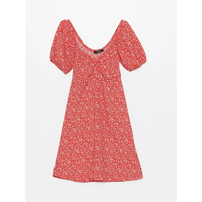 XSIDE KIRMIZI Kayık Yaka Desenli Kısa Kollu Kadın Elbise